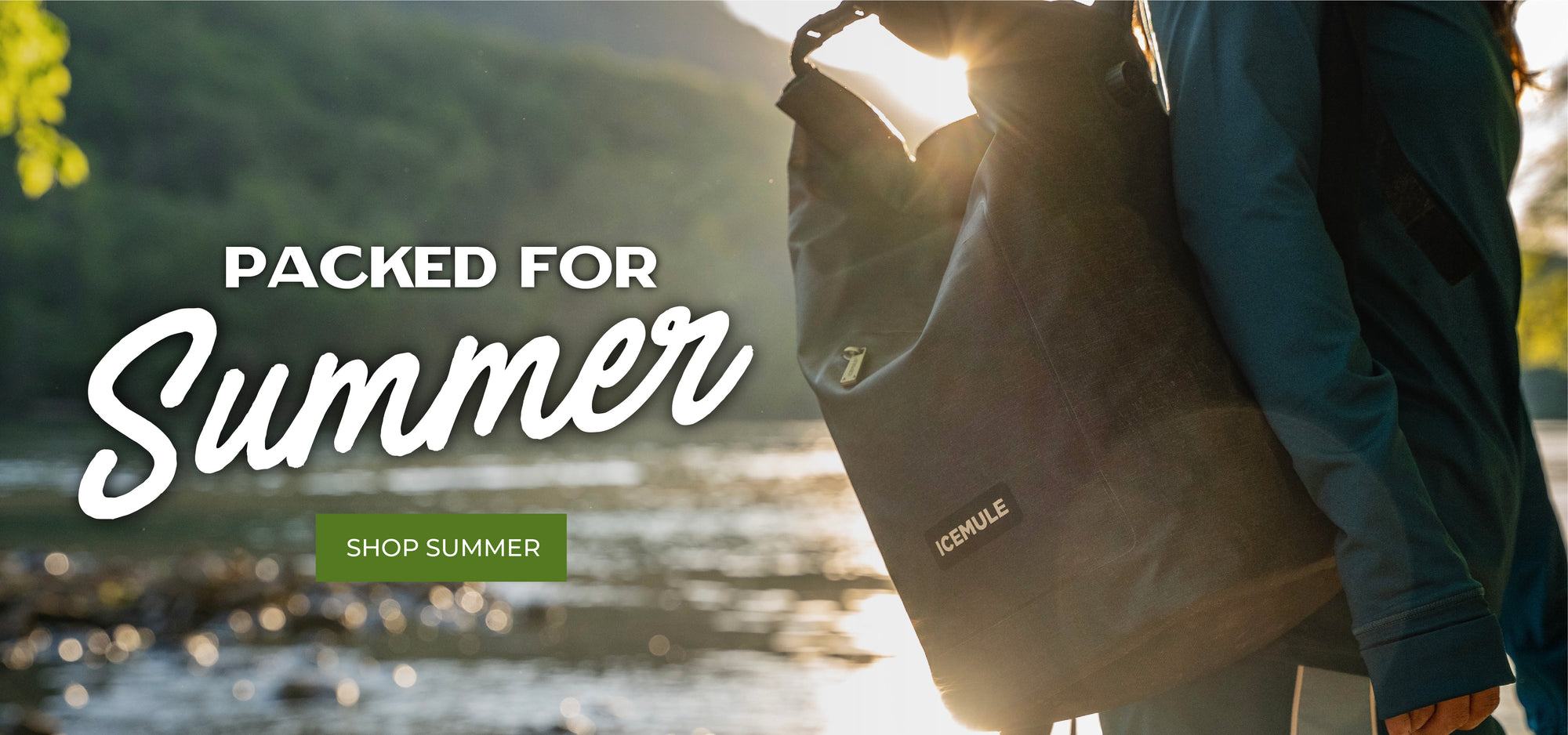 Graphic banner image for Summer promo featuring person hiking with backpack